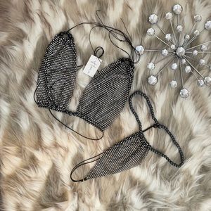 Sexy black diamanté thong bikini new with tags. Has black pearl details.